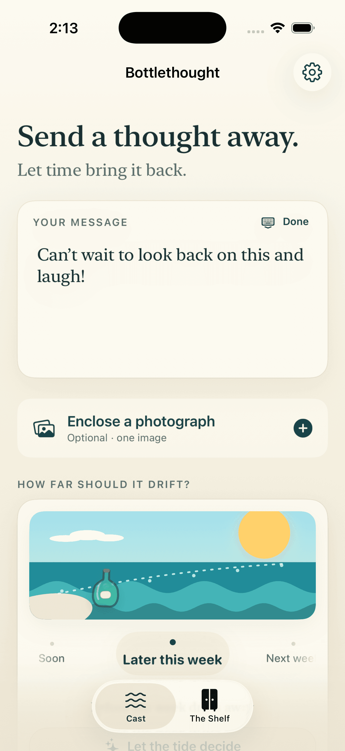 Bottlethought compose screen with a message to the future