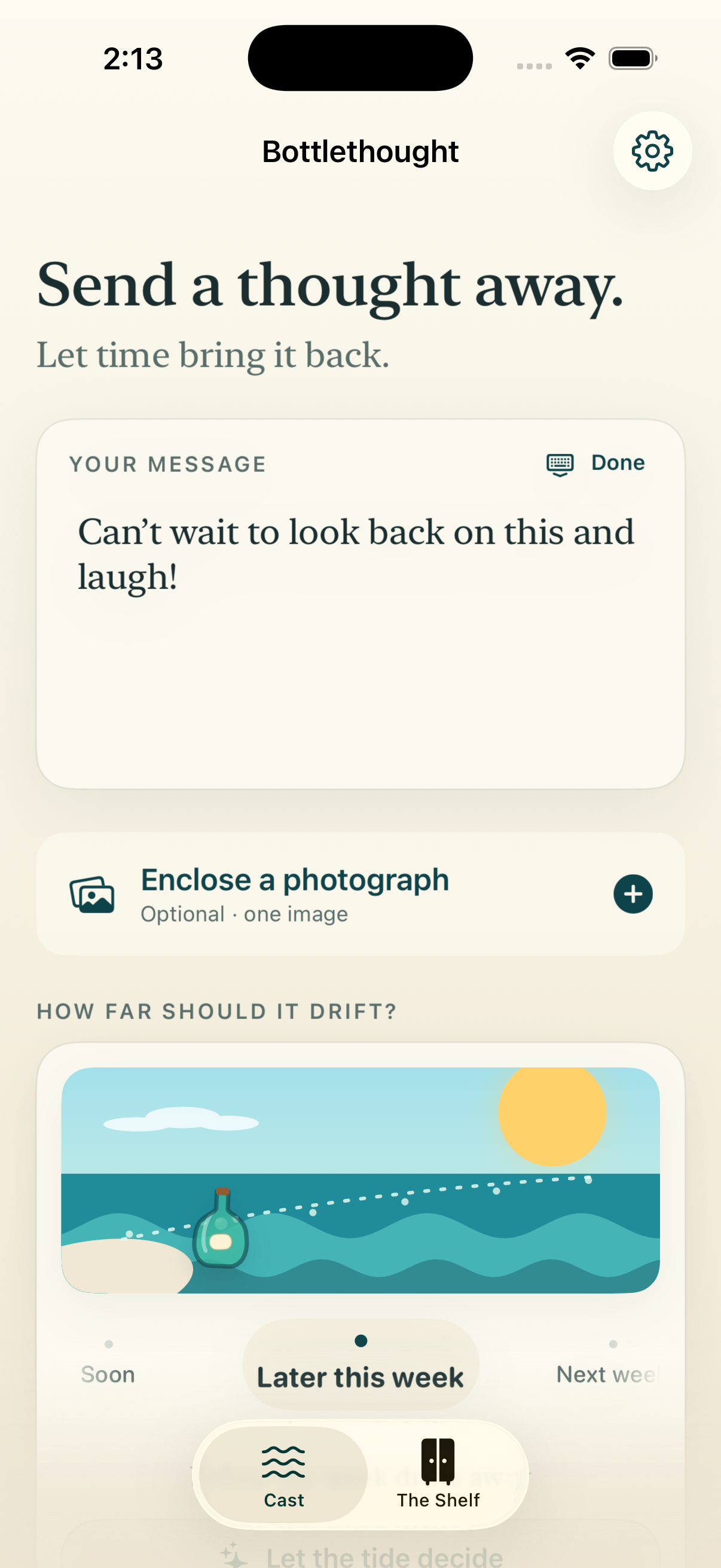 Bottlethought compose screen with a message to the future
